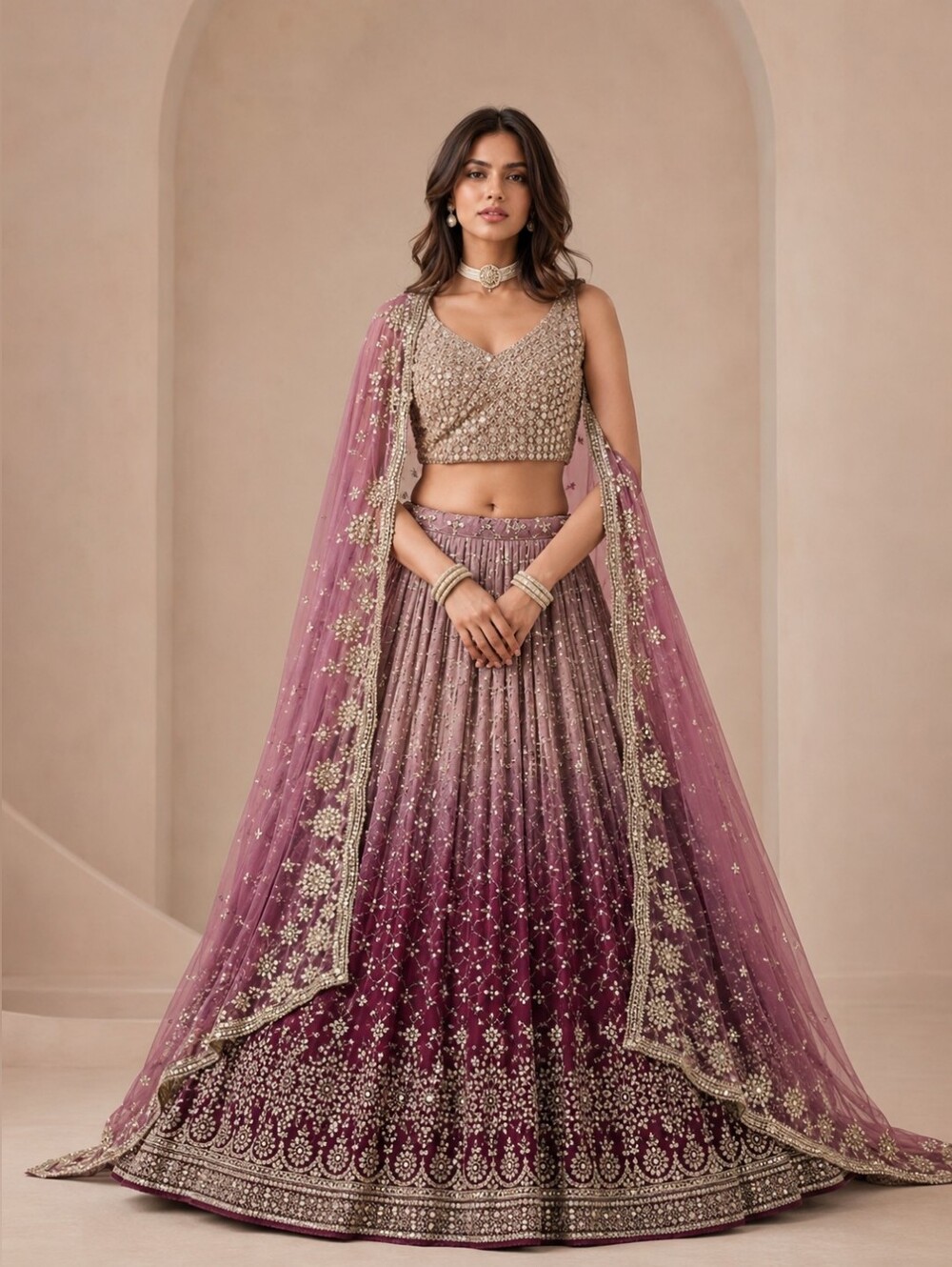 Gradient Dual-Tone Maroon Embroidered Lehenga Choli Set